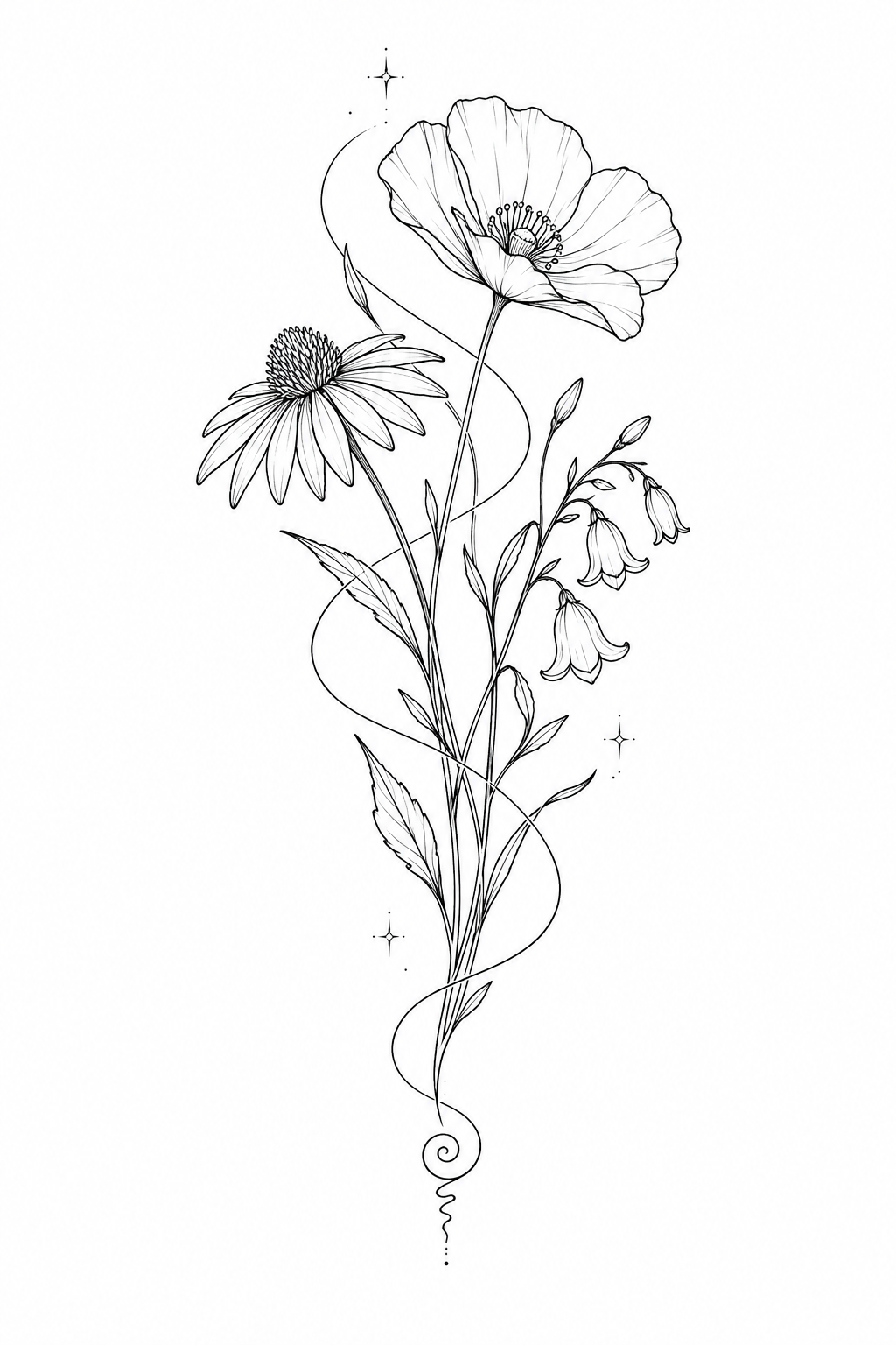 Projet fineline : bouquet de fleurs sauvages traversé d’une ligne d’énergie