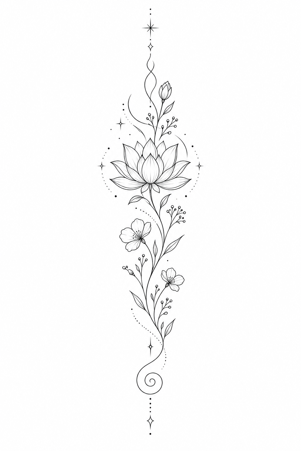 Projet fineline vertical : unalome, lotus, fleurs et points d’énergie